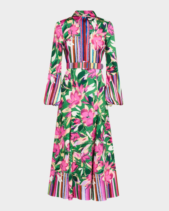 Belted Floral & Stripe-Print Maxi Shirtdress